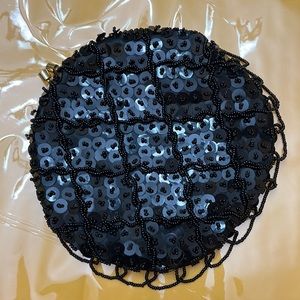 vintage black round Sequin evening bag 6 “ W.  Handmade in Hong Kong.